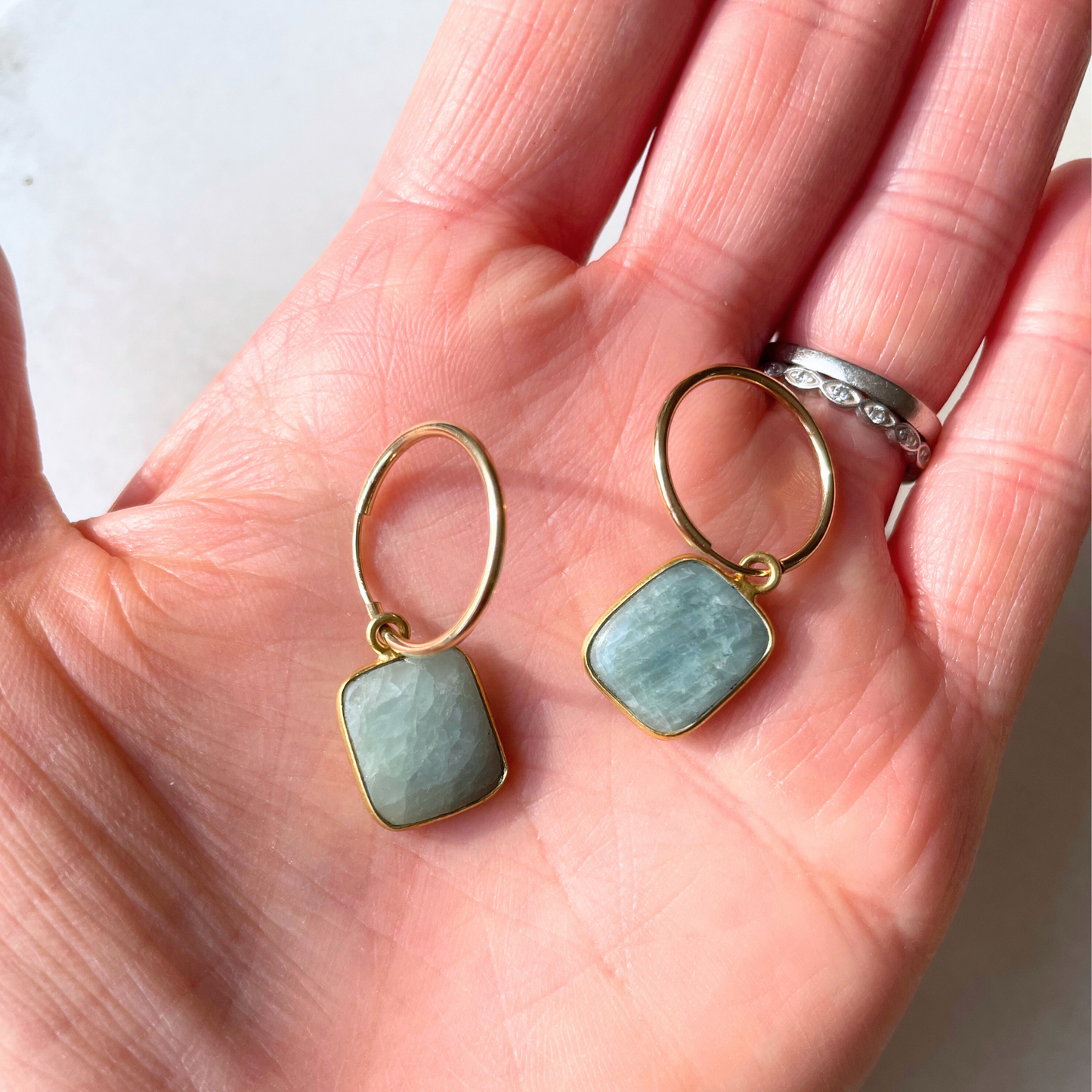 Aquamarine Gem Slice Hoop Earrings | Serenity (Gold Fill)