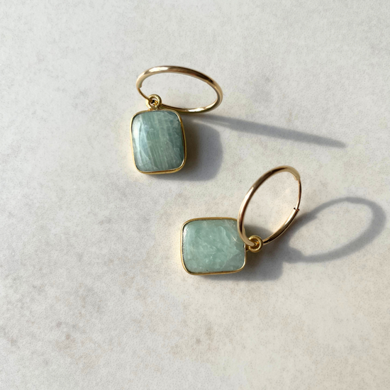 Aquamarine Gem Slice Hoop Earrings | Serenity (Gold Fill)