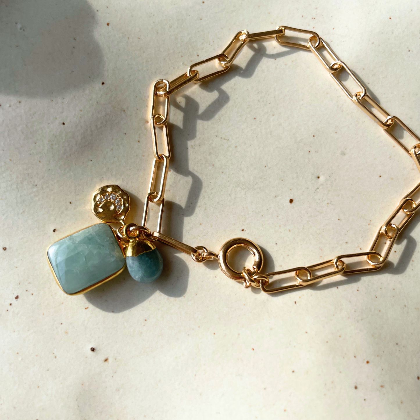 Aquamarine Gem Slice Triple Chunky Chain Bracelet | Serenity (Gold Plated)