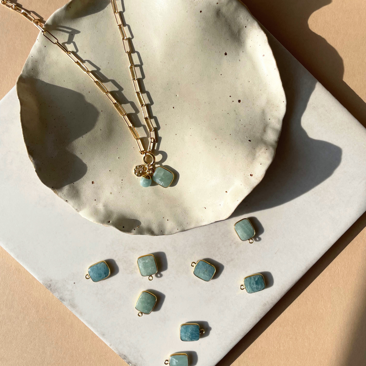 Aquamarine Gem Slice Triple Chunky Chain Necklace | Serenity (Gold Plated)