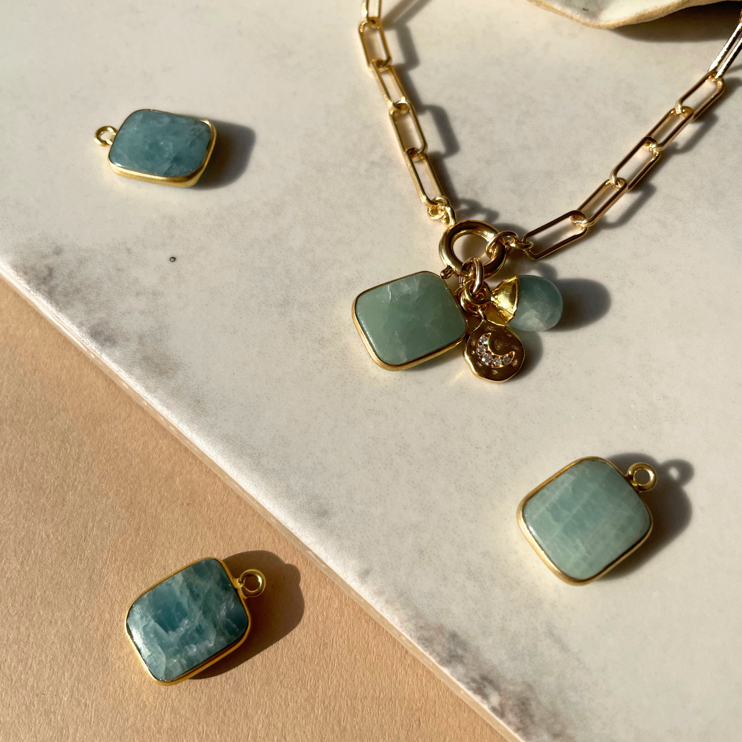 Aquamarine Gem Slice Triple Chunky Chain Necklace | Serenity (Gold Plated)