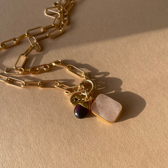 Rose Quartz & Garnet Gem Slice Triple Necklace | Love (Gold Plated)