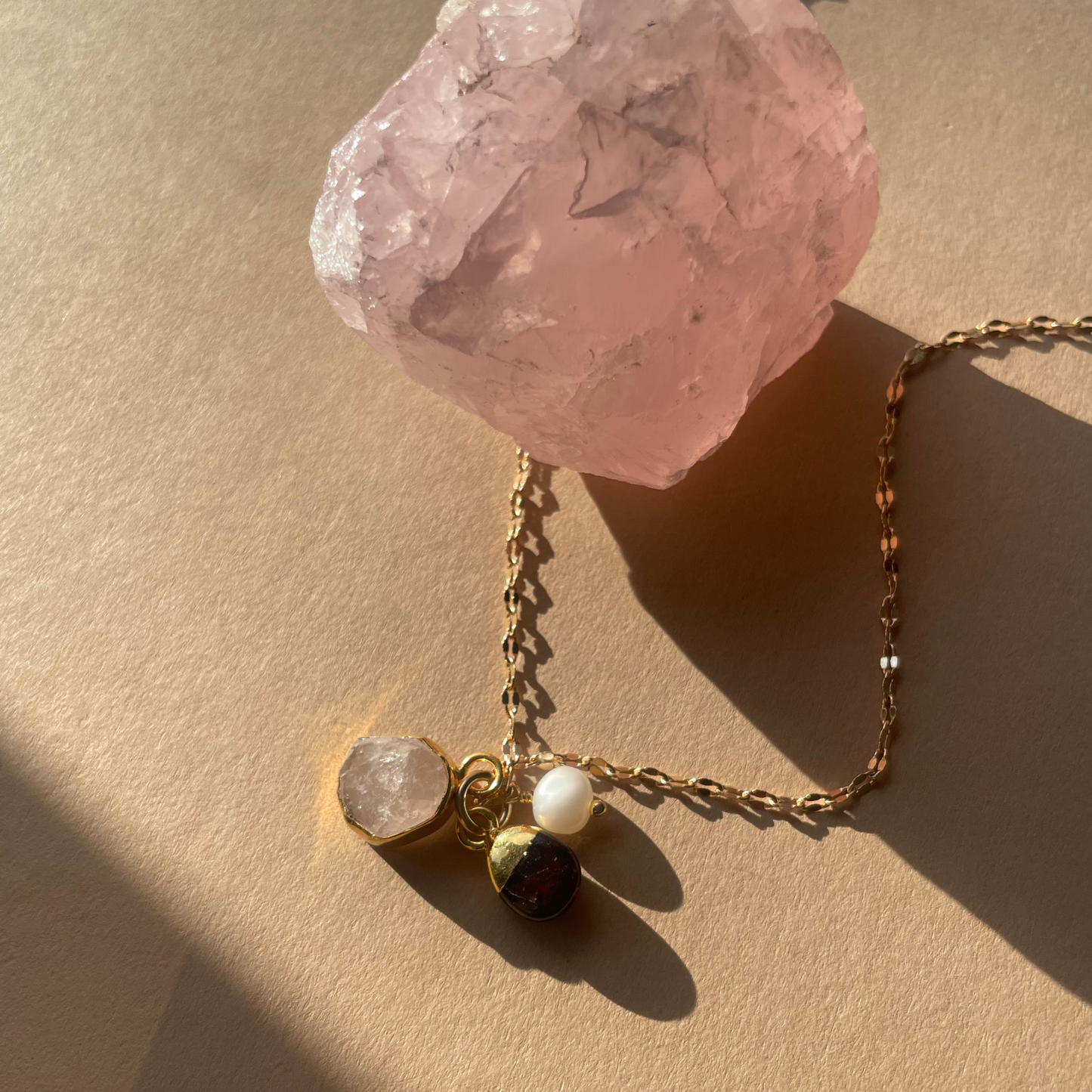 Rose Quartz Carved Triple Necklace |  Love & Friendship (Gold Plated)