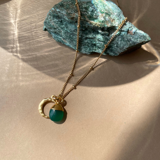 Green Agate & Moon Necklace | Protection (Gold Plated)