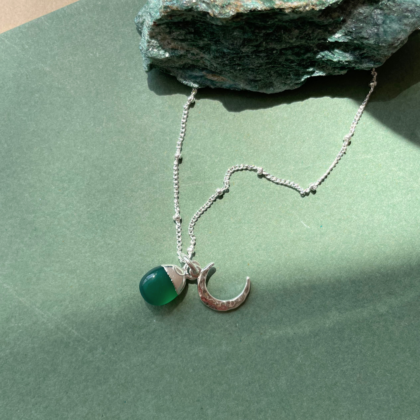 Green Agate & Moon Necklace | Protection (Silver)