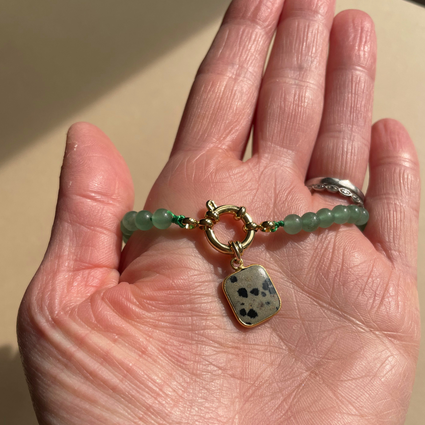 Green Aventurine Strand Necklace with Dalmatian Gem Slice (Gold)