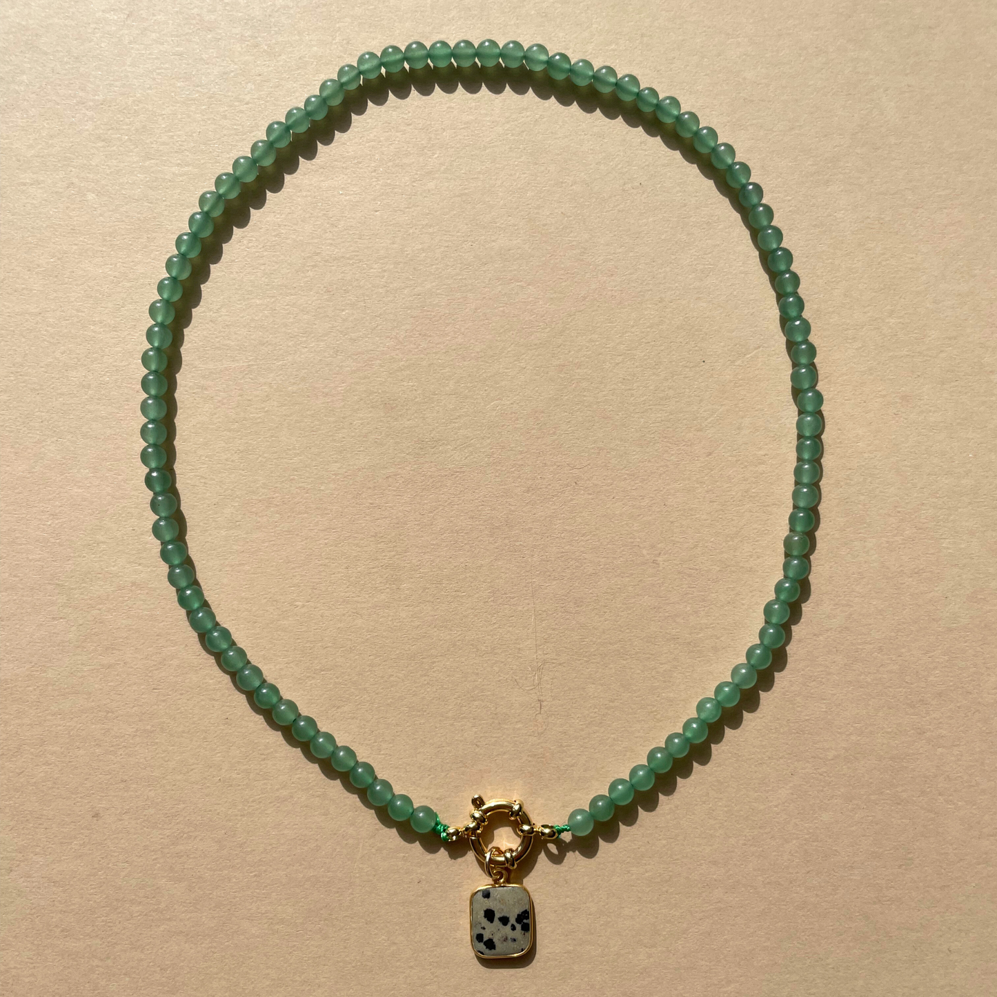 Green Aventurine Strand Necklace with Dalmatian Gem Slice (Gold)