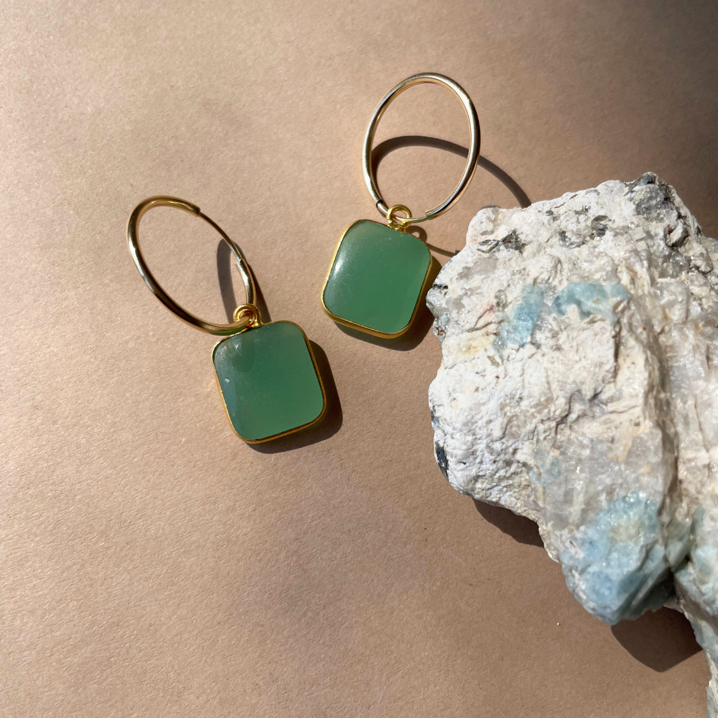 SS25 Gem Slice Hoop Earrings | Yellow Aventurine, Sunstone, Green & Pink Chalcedony (Gold Plated)