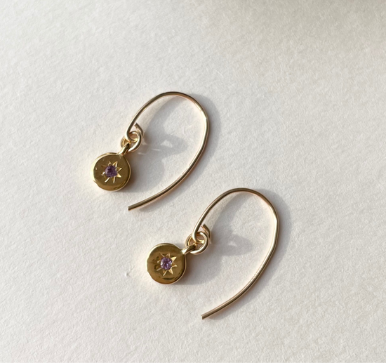 Amethyst Guiding Star Birthstone Dropper Earrings | February (Gold Fill)