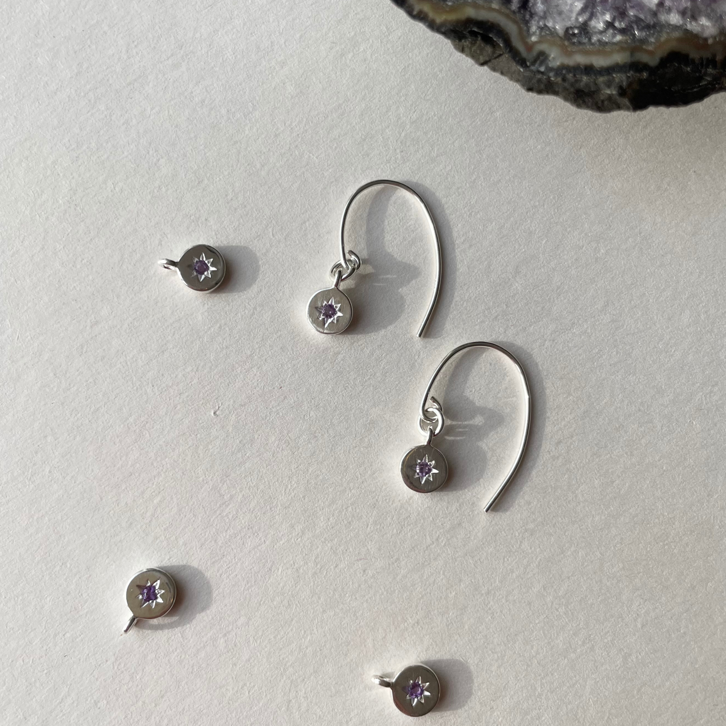 Amethyst Guiding Star Birthstone Dropper Earrings | February (Sterling Silver)