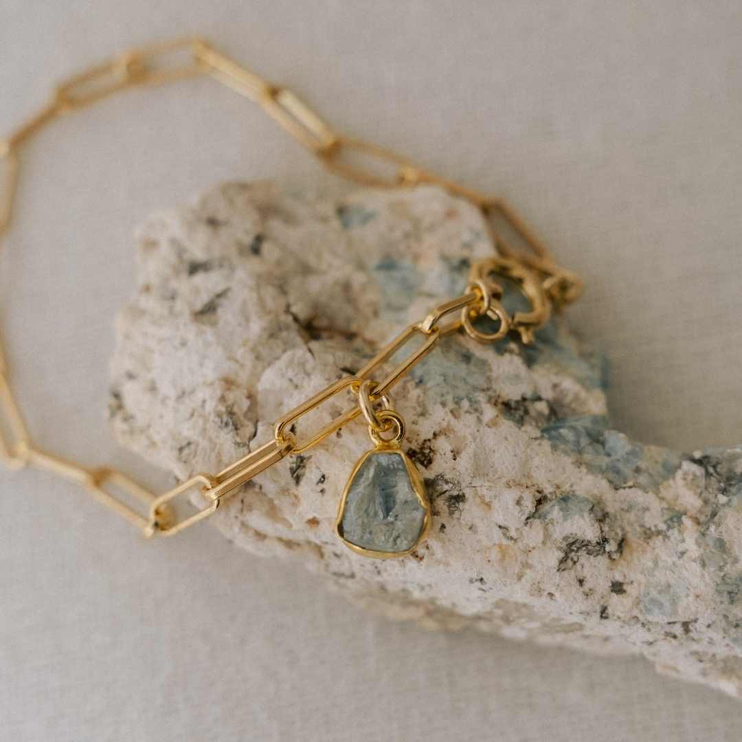 Aquamarine Carved Chunky Chain Bracelet | Serenity (Gold Plated)