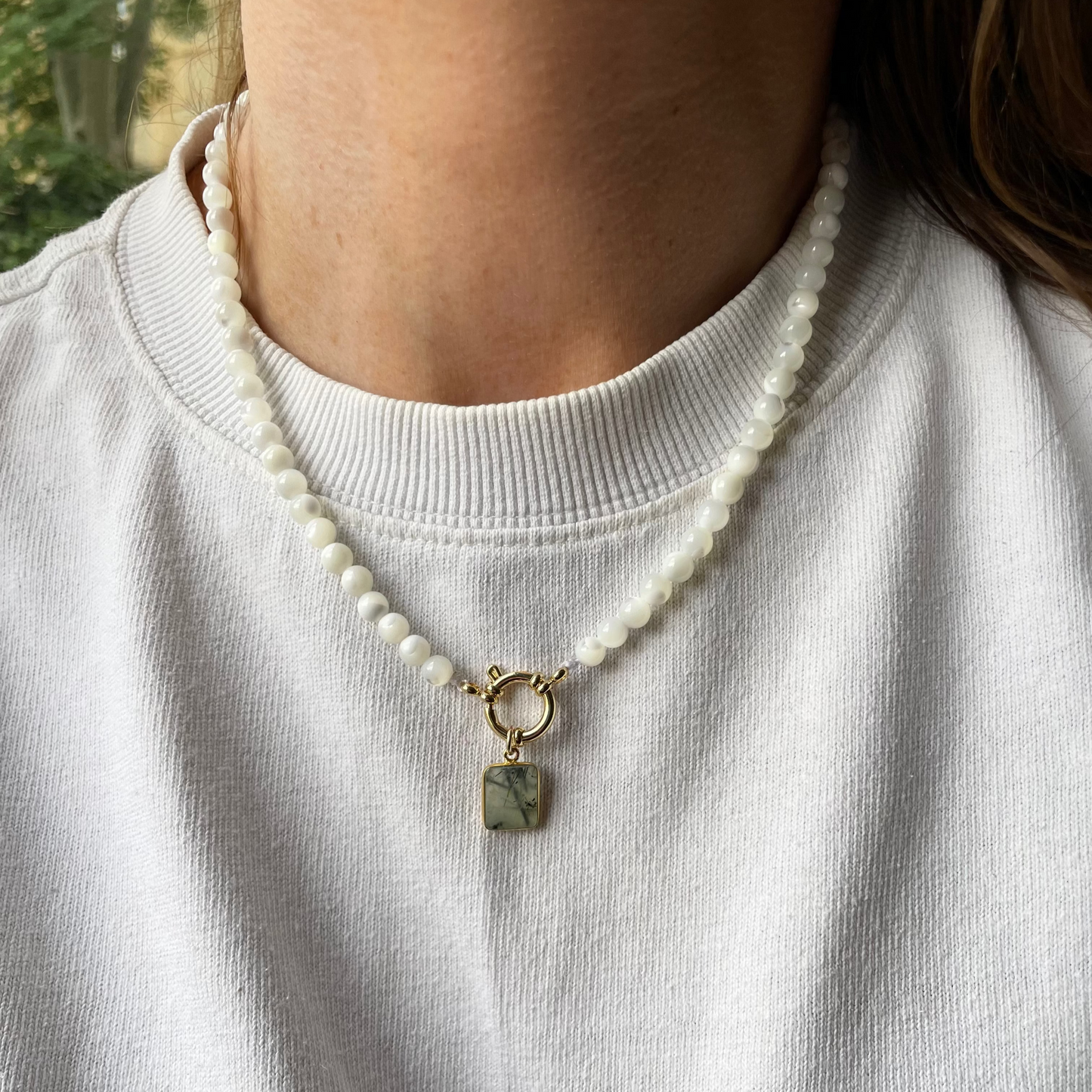 Special Edition Mother of Pearl Strand Necklace with Prehnite Gem Slice (Gold)