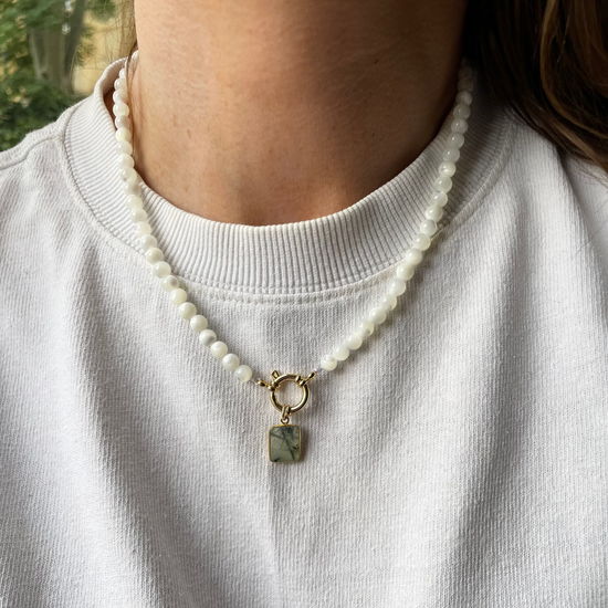 Special Edition Mother of Pearl Strand Necklace with Prehnite Gem Slice (Gold)