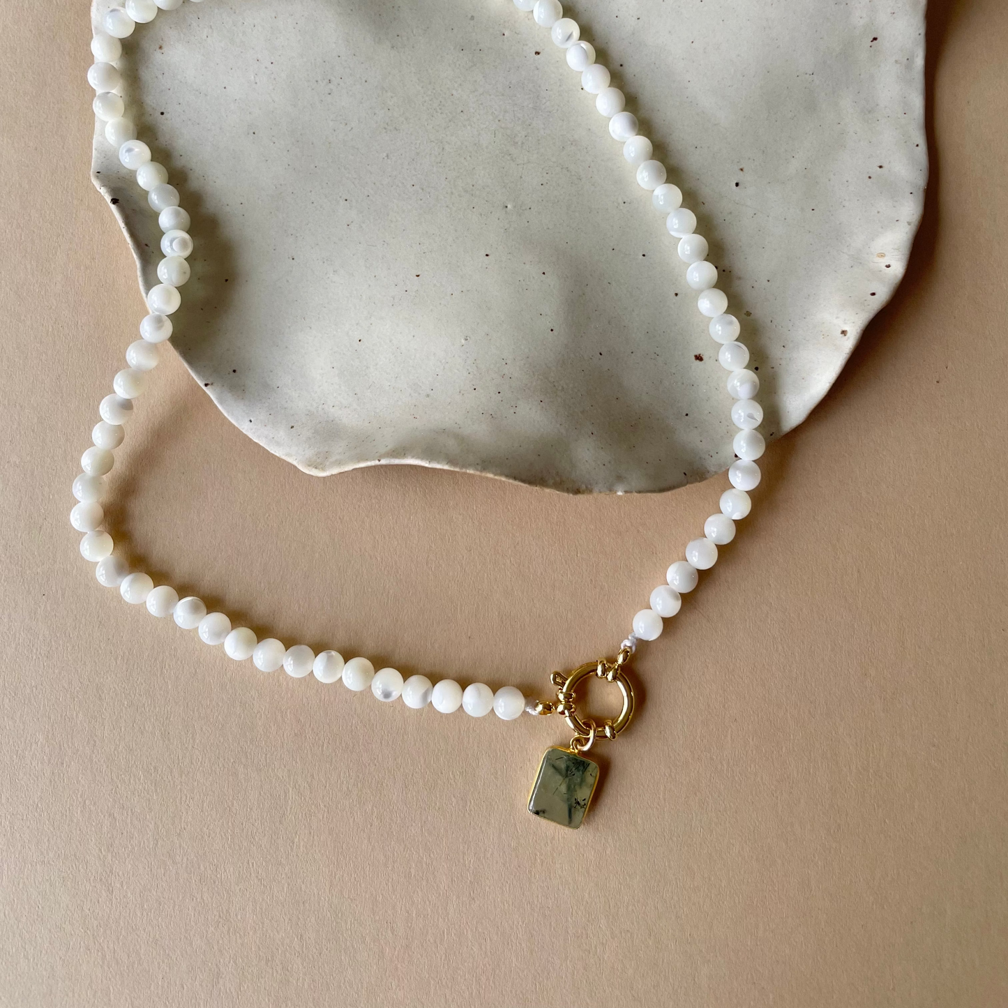 Special Edition Mother of Pearl Strand Necklace with Prehnite Gem Slice (Gold)