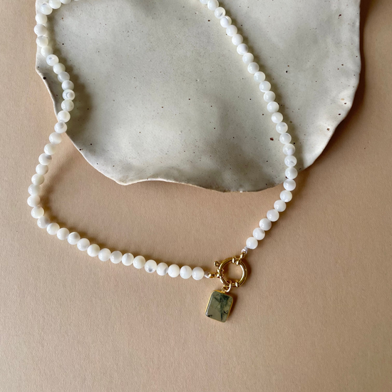 Special Edition Mother of Pearl Strand Necklace with Prehnite Gem Slice (Gold)