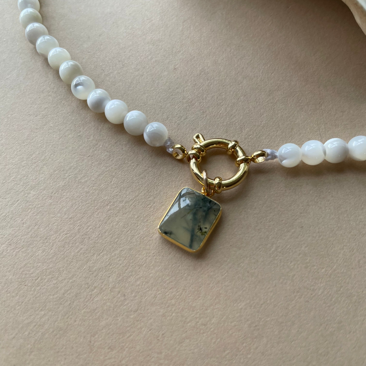 Special Edition Mother of Pearl Strand Necklace with Prehnite Gem Slice (Gold)