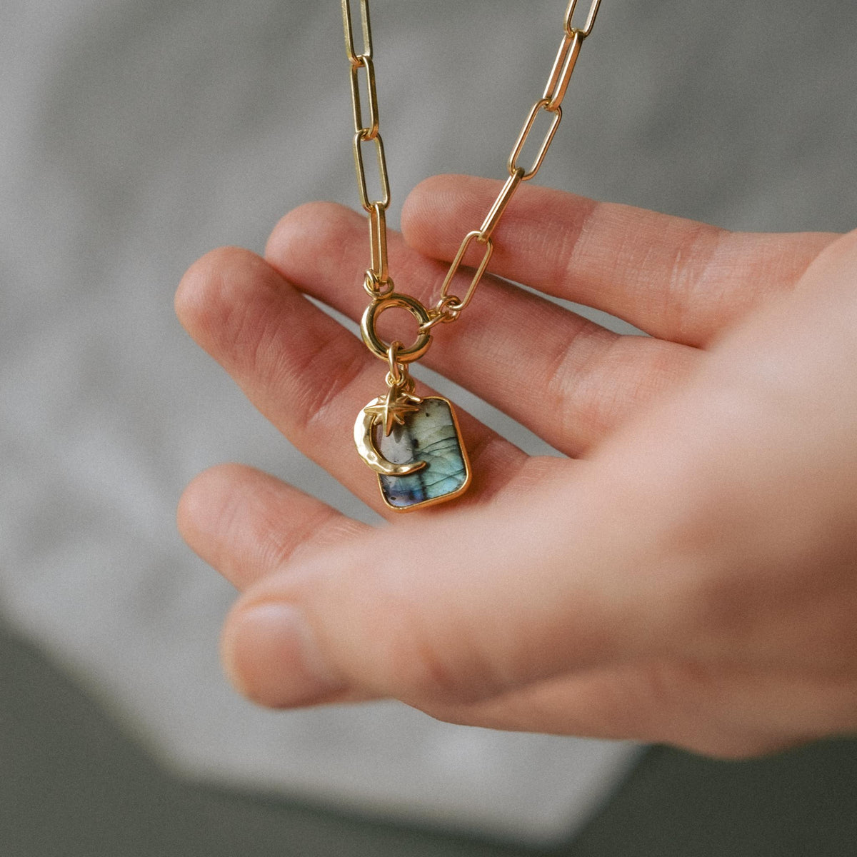 Labradorite Moon & Star Gem Slice Triple Chunky Chain Necklace Adventure