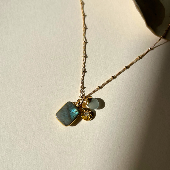 Special Edition Labradorite & Aquamarine Gem Slice Triple Necklace (Gold Plated or Silver)