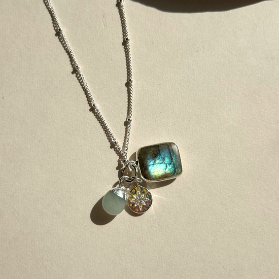 Special Edition Labradorite & Aquamarine Gem Slice Triple Necklace (Gold Plated or Silver)