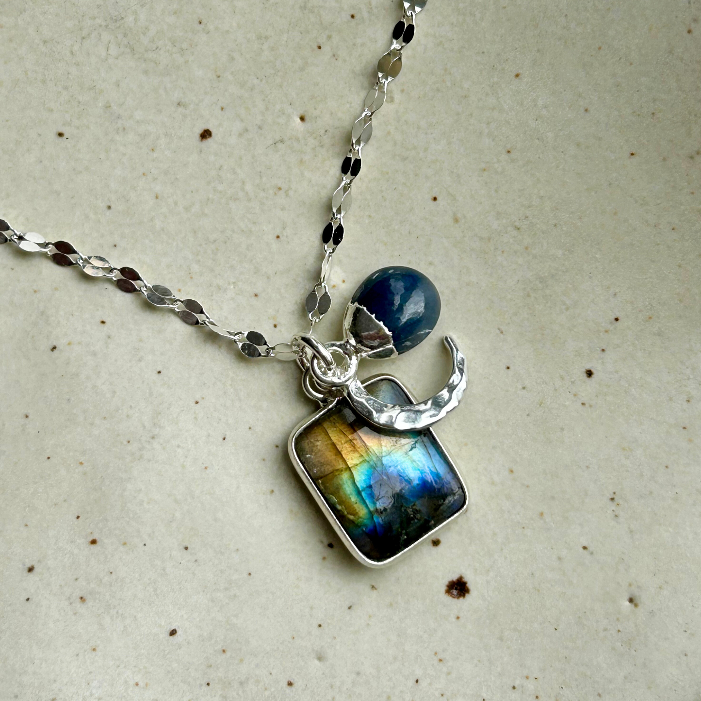Labradorite & Sapphire Gem Slice Triple Necklace (Silver)