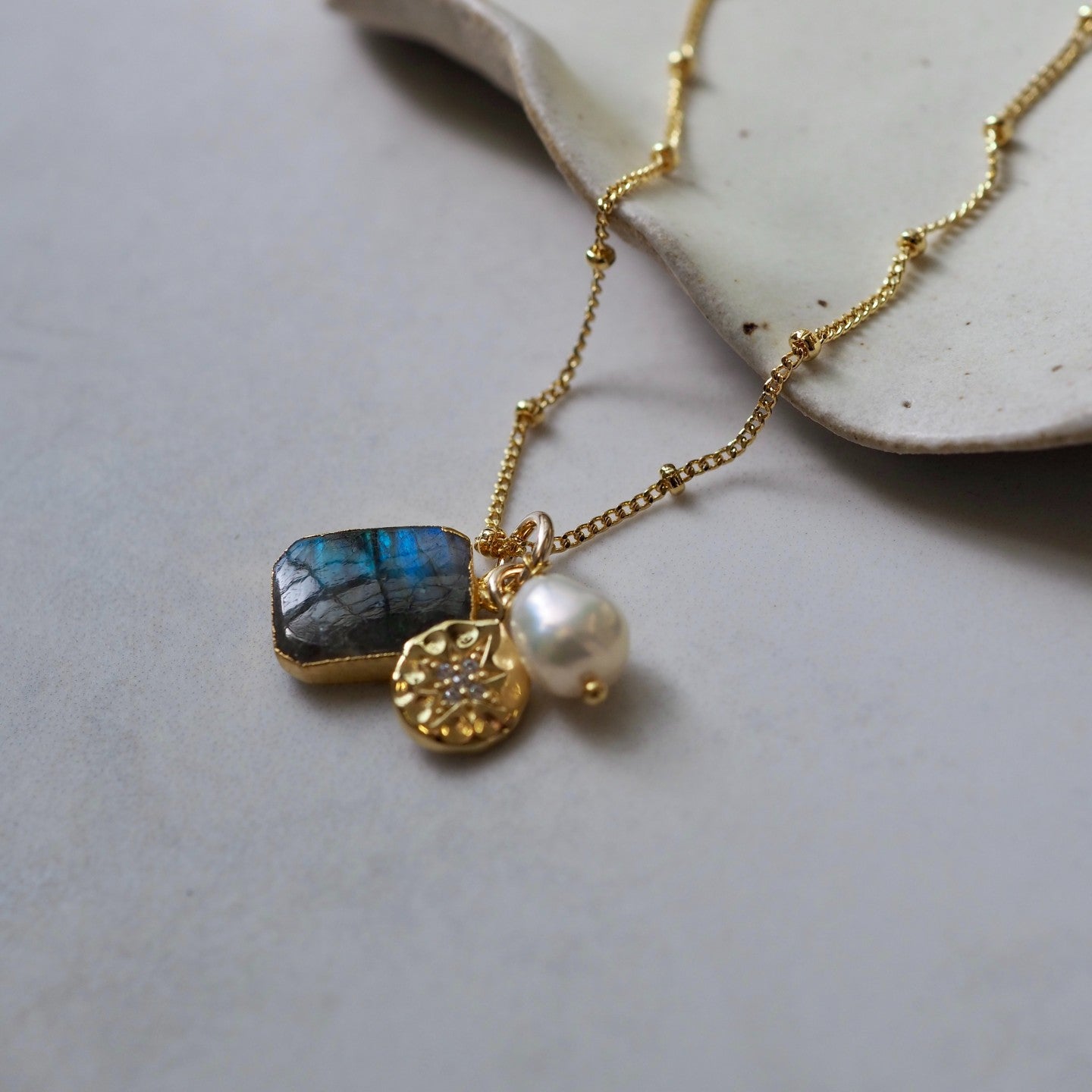 Limited Edition June Birthstone | Labradorite & Pearl Gem Slice Triple Necklace (Gold Plated or Sterling Silver)