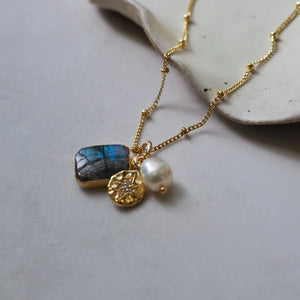 Limited Edition June Birthstone | Labradorite & Pearl Gem Slice Triple Necklace (Gold Plated or Silver)