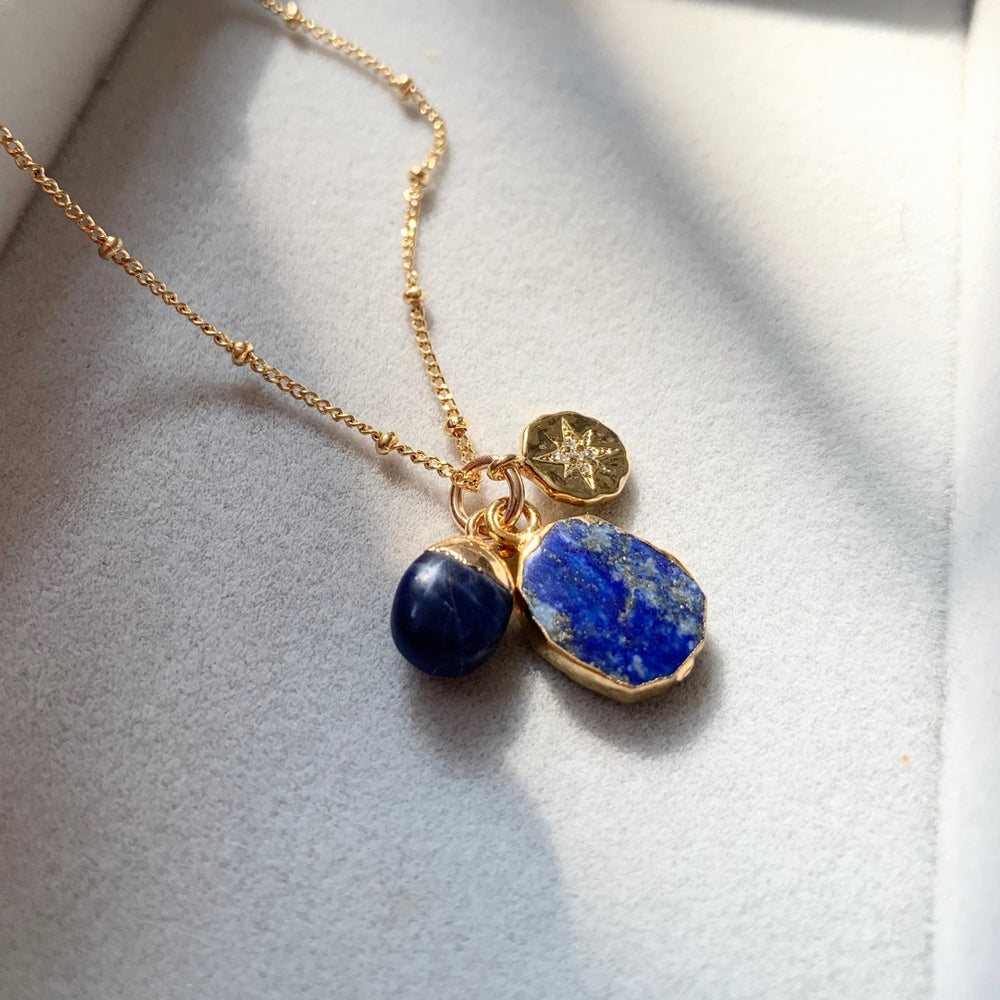 
            
                Load image into Gallery viewer, Limited Edition September Birthstone | Lapis Lazuli &amp;amp; Sapphire Gem Slice Triple Necklace (Gold Plated)
            
        