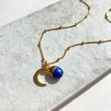 Lapis Lazuli Tumbled & Moon Necklace | Strength (Gold Plated)