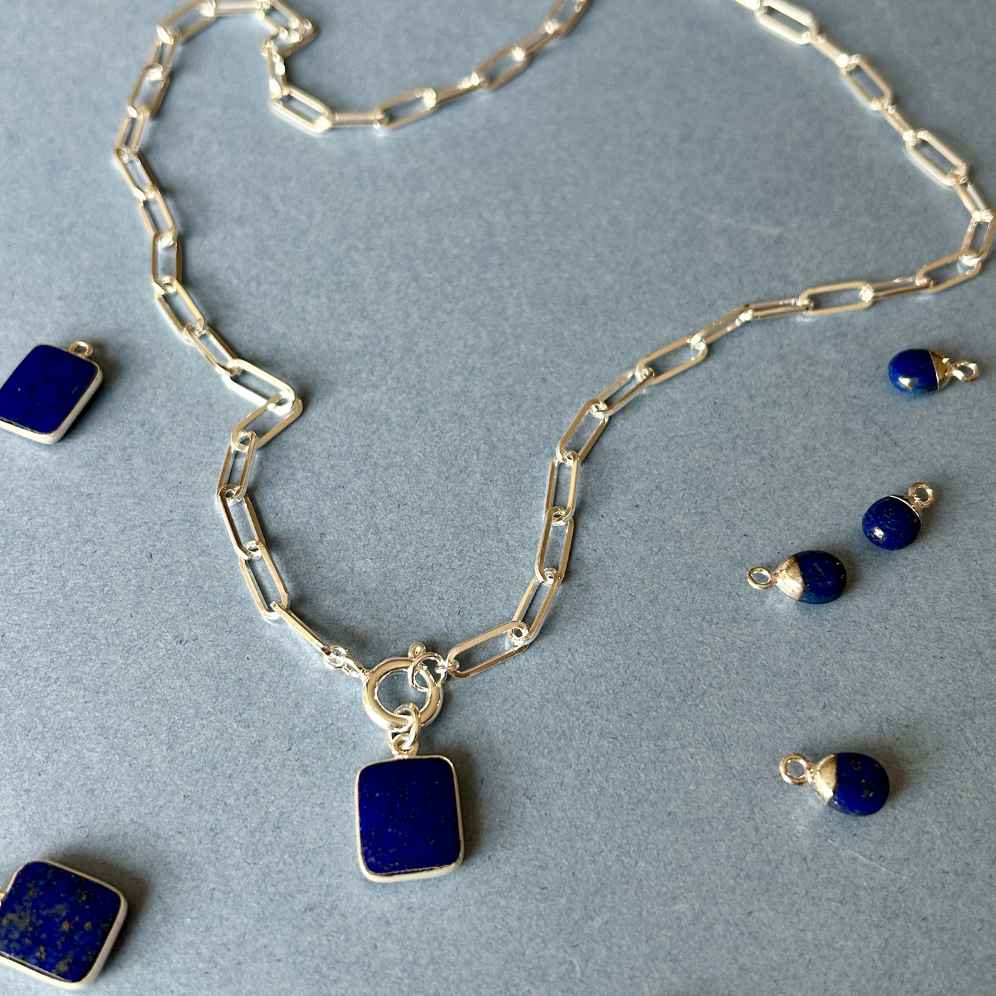 Lapis Lazuli Gem Slice Chunky Chain Necklace | Strength (Silver)