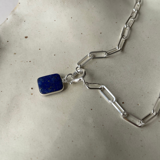 Lapis Lazuli Gem Slice Chunky Chain Necklace | Strength (Silver)