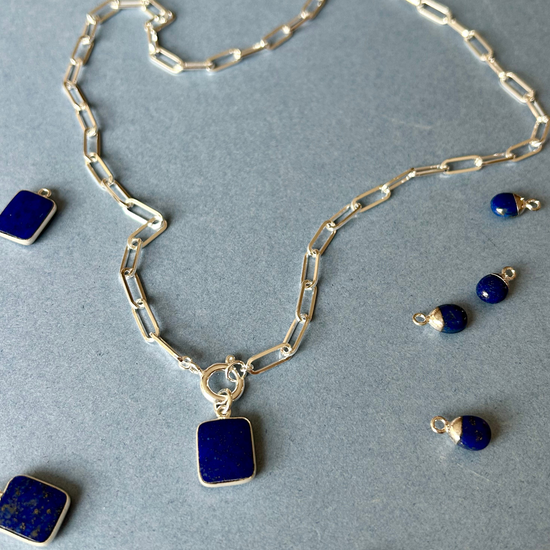 Lapis Lazuli Gem Slice Chunky Chain Necklace | Strength (Silver)