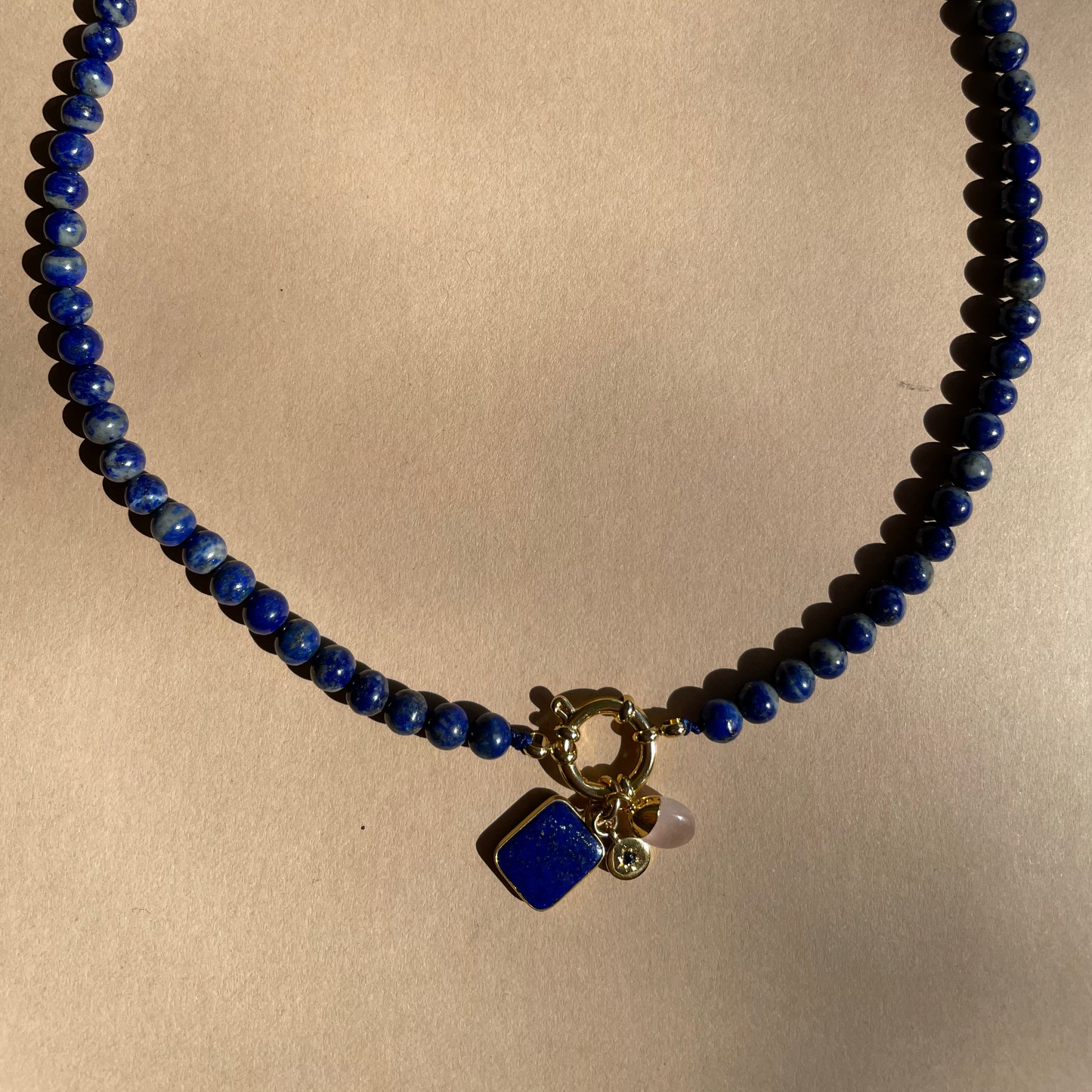 Lapis Lazuli Strand Gem Slice Triple Necklace (Gold)