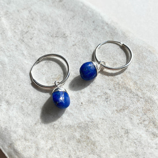 Lapis Lazuli Tiny Tumbled Hoop Earrings | Strength (Silver)