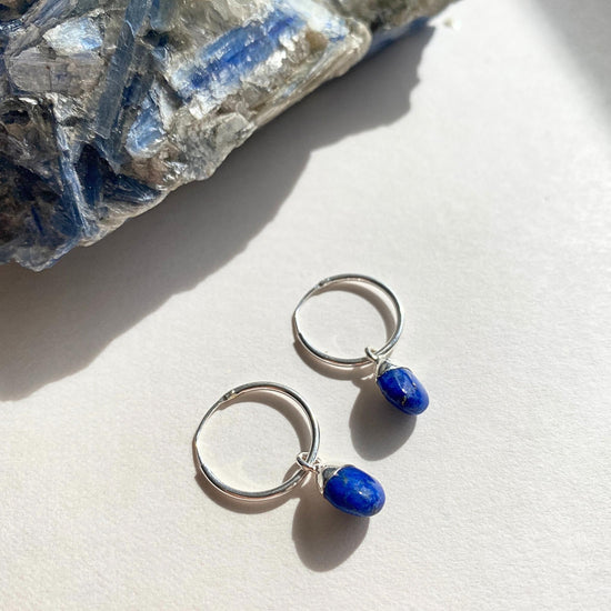 Lapis Lazuli Tiny Tumbled Hoop Earrings | Strength (Silver)