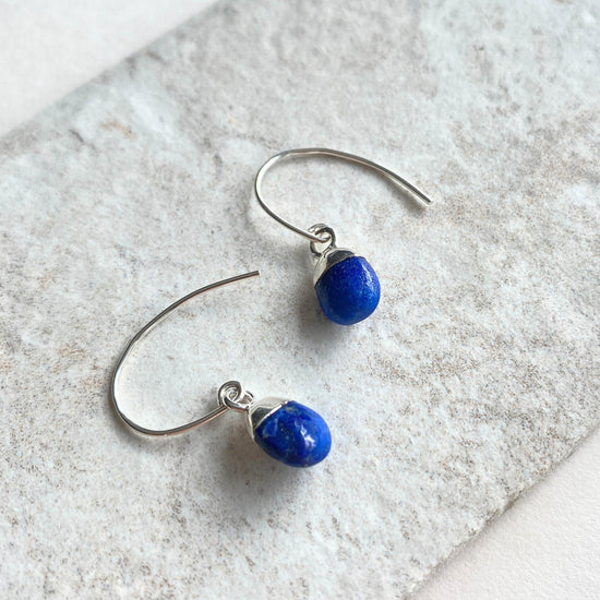 Lapis Lazuli Tiny Tumbled Ear Wire Earrings | Strength (Silver)