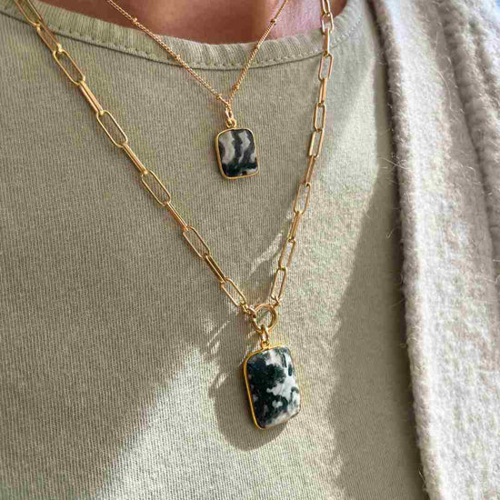 Moss Agate Large Gem Slice Chunky Chain Necklace | New Beginnings (Gold Plated)