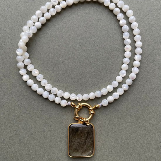 Mother of Pearl Strand Necklace with Large Hypersthene Gem Slice
