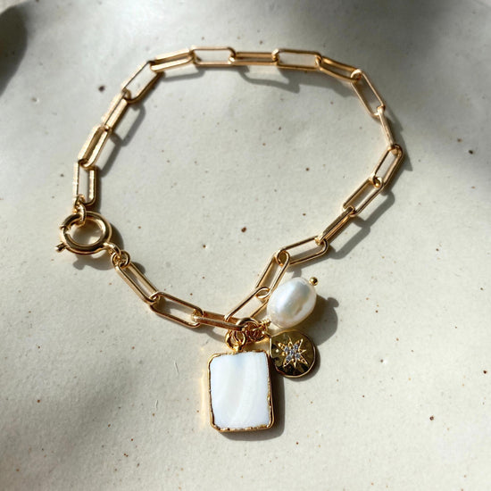 Mother of Pearl Gem Slice Triple Bracelet | Calm (Gold Plated)