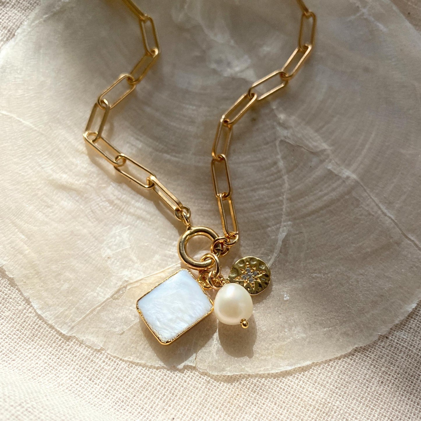 Mother of Pearl Gem Slice Triple Chunky Chain Necklace | Calming (Gold Plated)