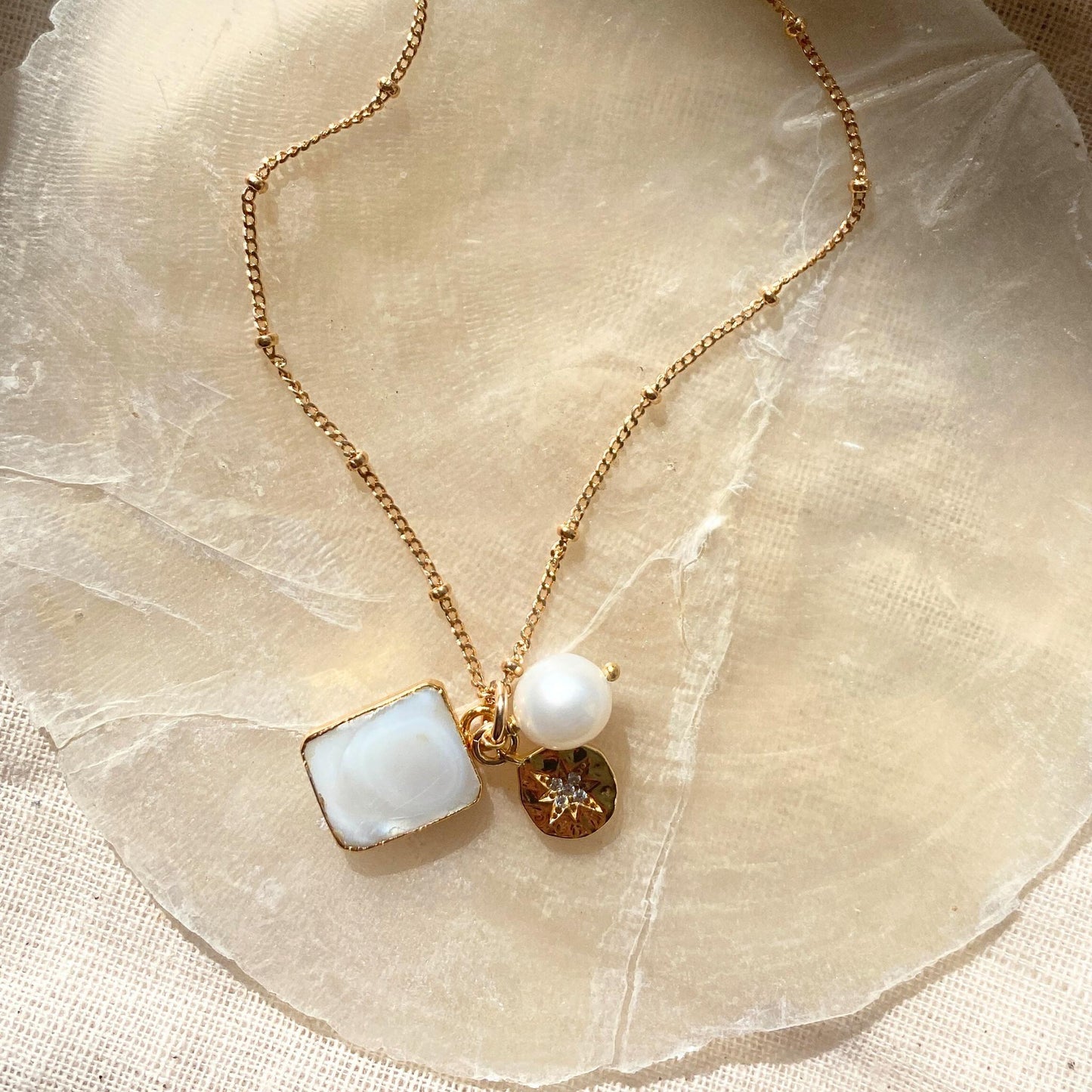 Mother of Pearl Gem Slice Triple Necklace | Calming (Gold Plated)
