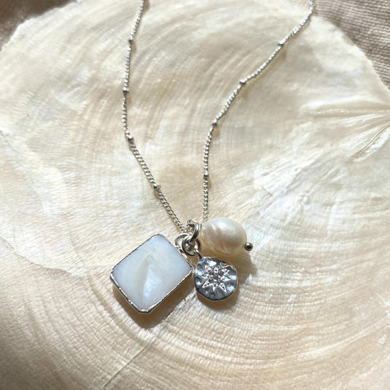 Mother of Pearl Gem Slice Triple Necklace | Calming (Silver)