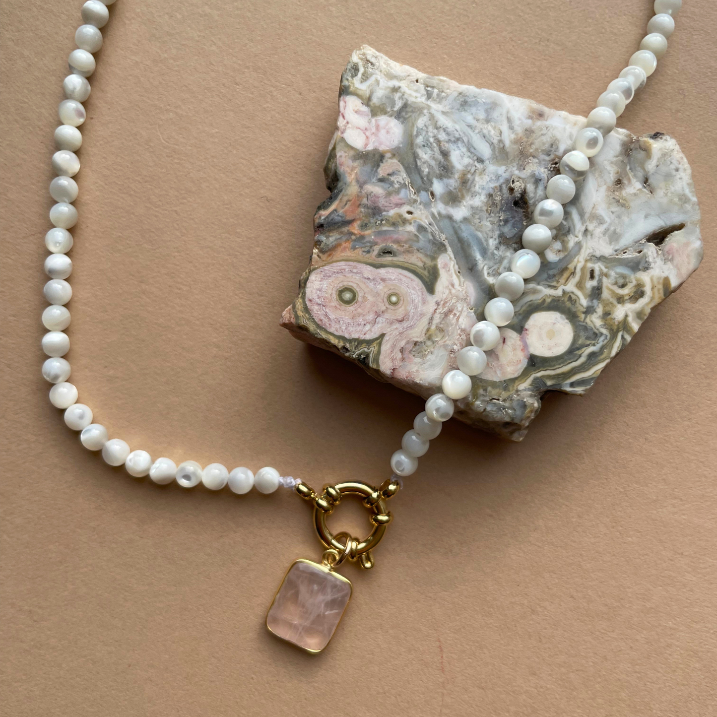 Mother of Pearl Strand Necklace with Rose Quartz Gem Slice | Love & Calming (Gold)