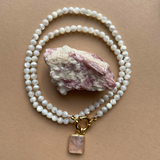 Mother of Pearl Strand Necklace with Rose Quartz Gem Slice | Love & Calming (Gold)