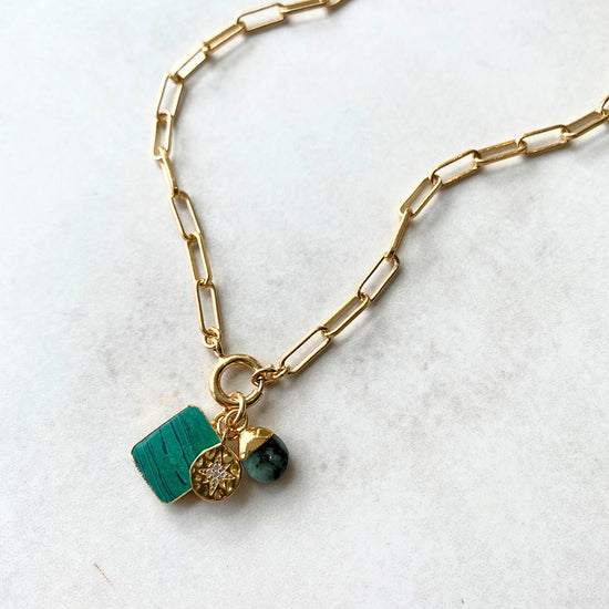 Malachite Gem Slice Triple Chunky Chain Necklace | Joy (Gold Plated)
