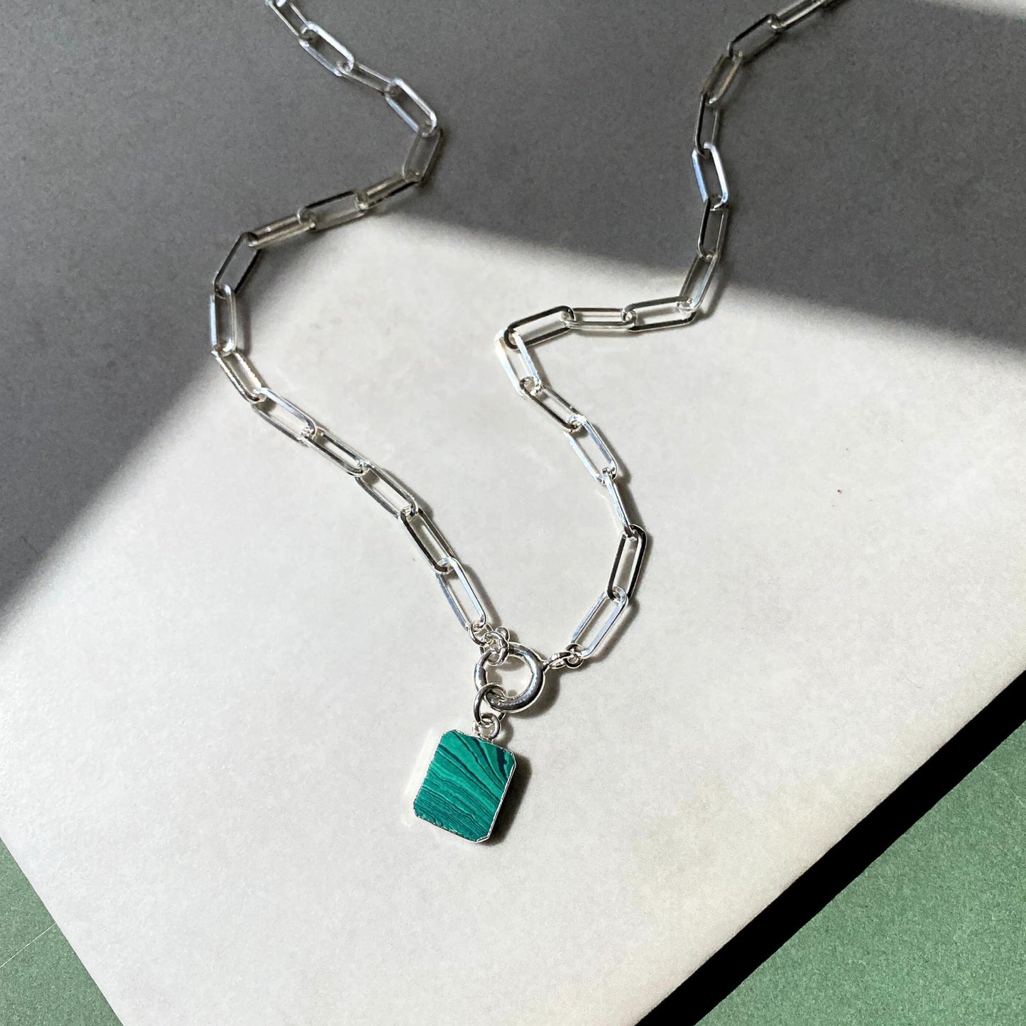 Malachite Gem Slice Chunky Chain Necklace | Joy (Silver)