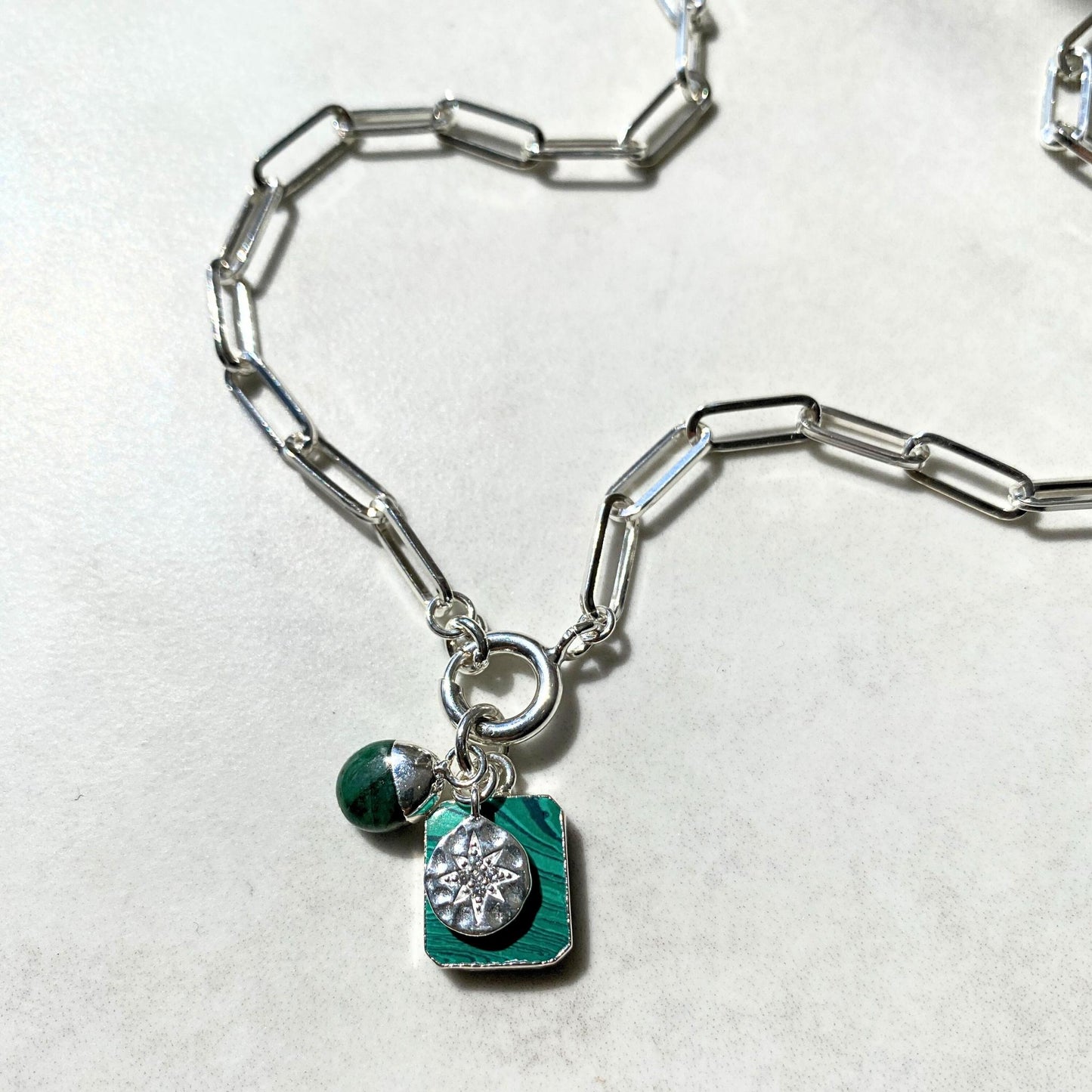 Malachite Gem Slice Triple Chunky Chain Necklace | Joy (Silver)