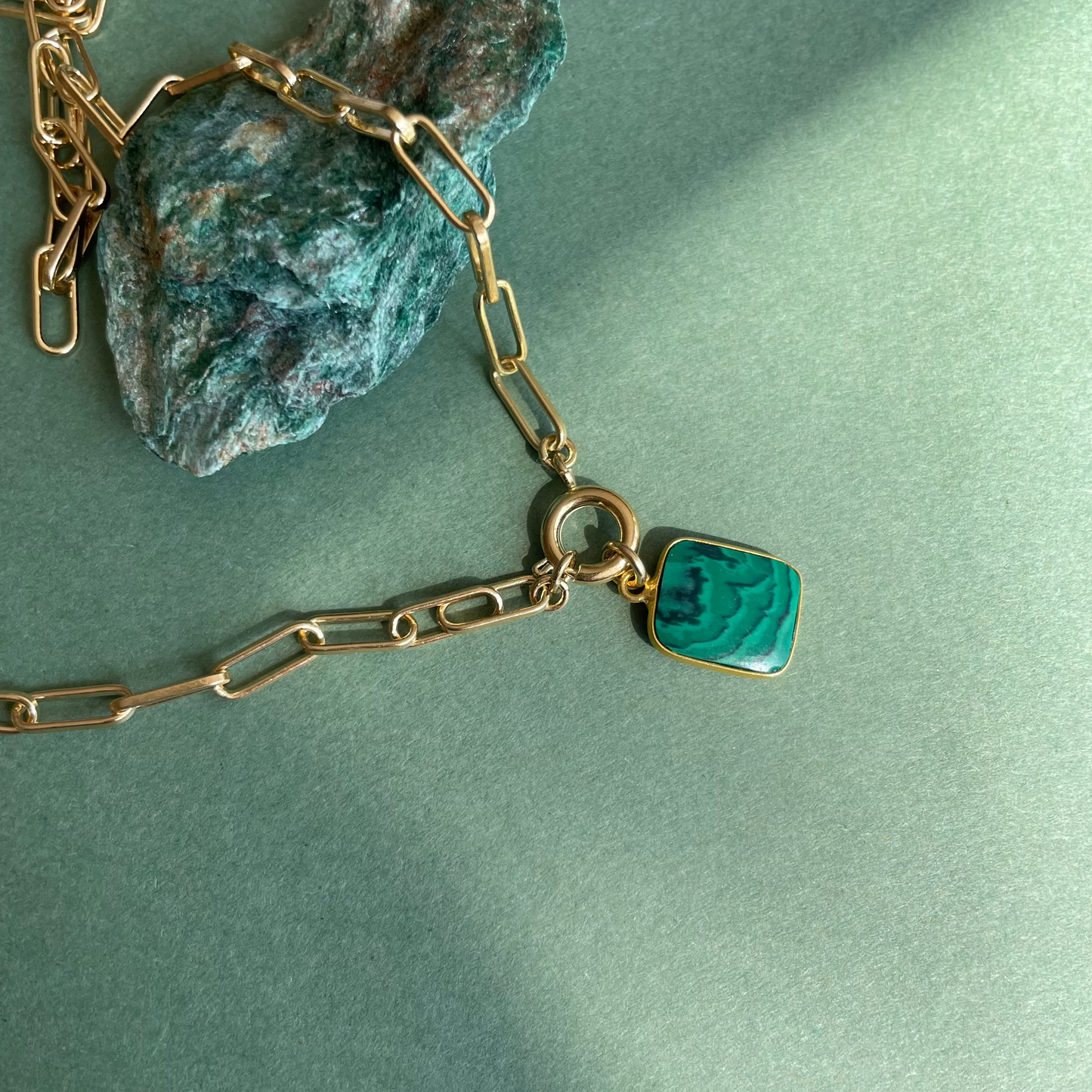 Malachite Gem Slice Chunky Chain Necklace | Joy (Gold Plated)