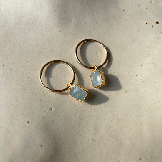 Aquamarine Mini Gem Slice Hoop Earrings | Serenity (Gold Fill)