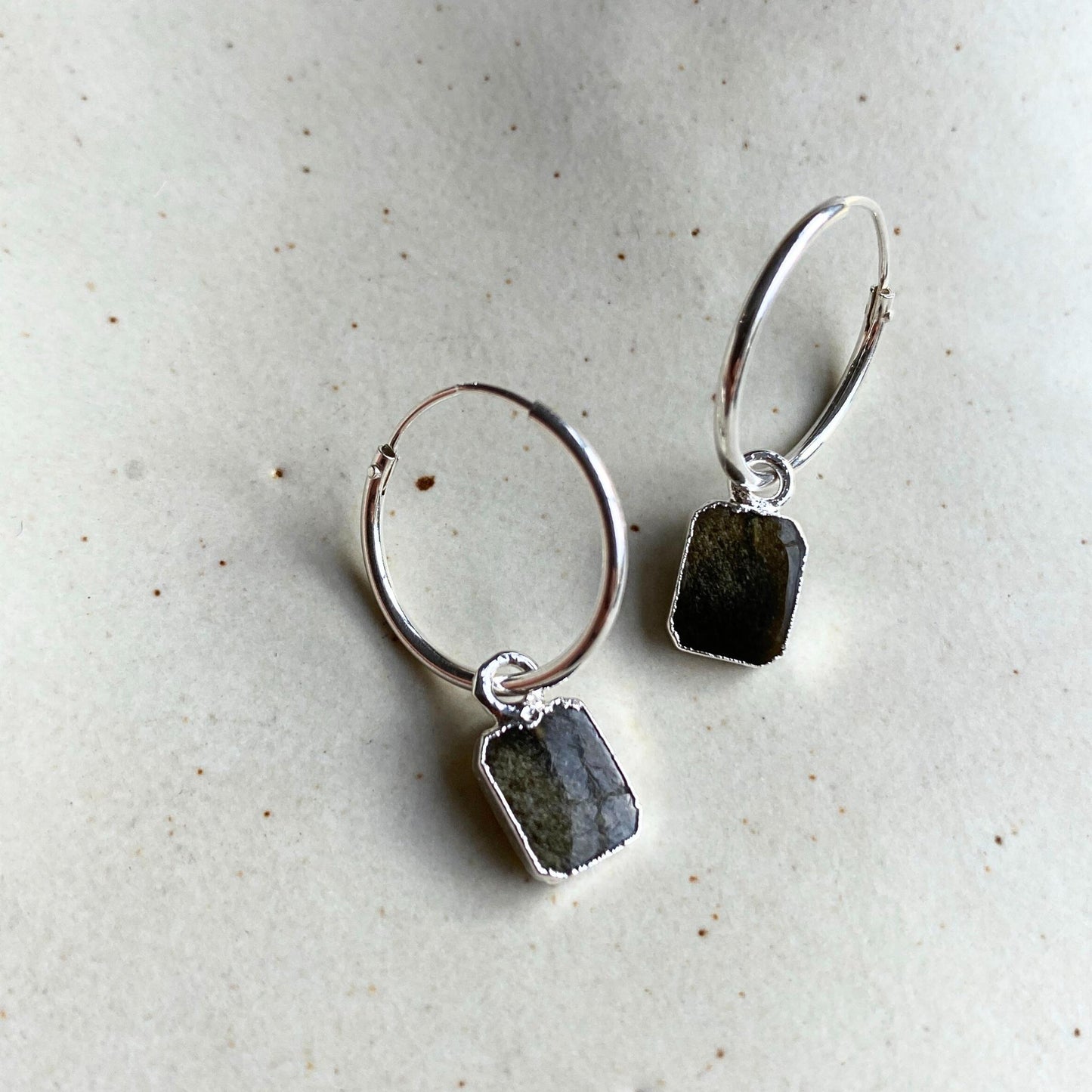 Load image into Gallery viewer, Hypersthene Mini Gem Slice Hoop Earrings | Strength (Silver)
