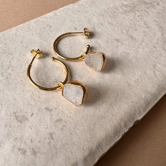 Moonstone Carved Hoop Earrings | Intuition (Gold Fill)